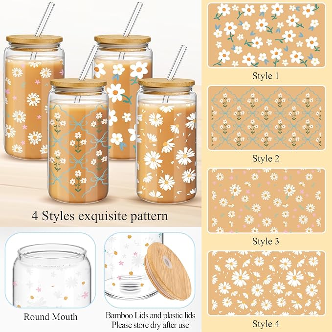 Mumufy 4 Pack Wildflower Glass Cups Gift Aesthetic Cute Glass Cup Tumbler Flower Iced Coffee Mugs 16 oz with Bamboo Lid & Straw, for Wedding Birthday Bridesmaid Mom Baby Shower