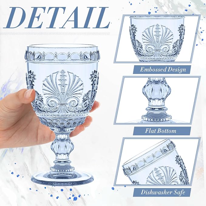 6 Pcs Goblet Glasses 10 oz Wine Glasses, Drinking Glasses Colored Retro Embossed Water Goblets For Wine Juice Baby Shower Wedding Reception Grand Event Party, Dishwasher Safe (Blue)