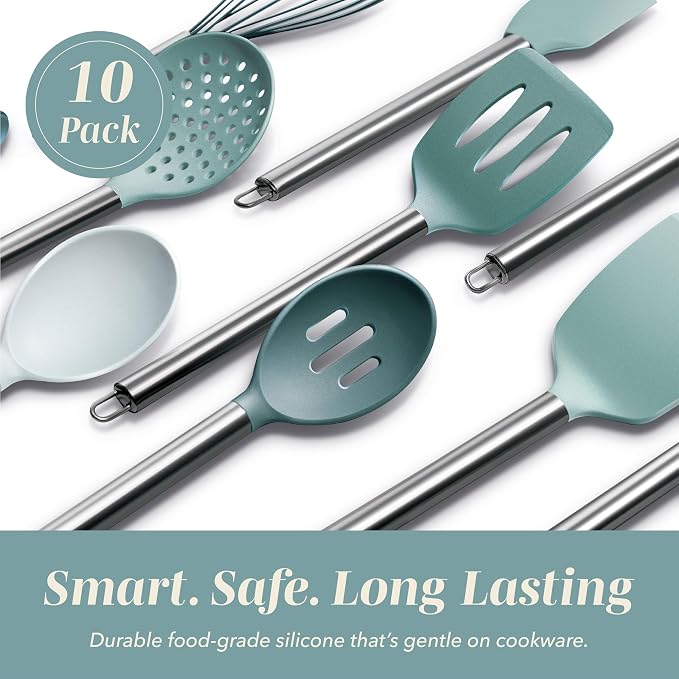 COOK WITH COLOR Silicone Cooking Utensils, Kitchen Utensil Set, Easy to Clean Silicone Kitchen Utensils, Cooking Utensils for Nonstick Cookware, Kitchen Gadgets Set, 10 Pieces, Teal