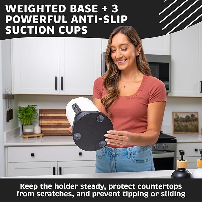 Stainless Steel Paper Towel Holder with Tension Arm and Spray Pump – One-Handed Tear, Smart Traction System, Heavy Duty Suction Cups, Weighted Base, Kitchen Towel Dispenser for Countertop Use (Black)