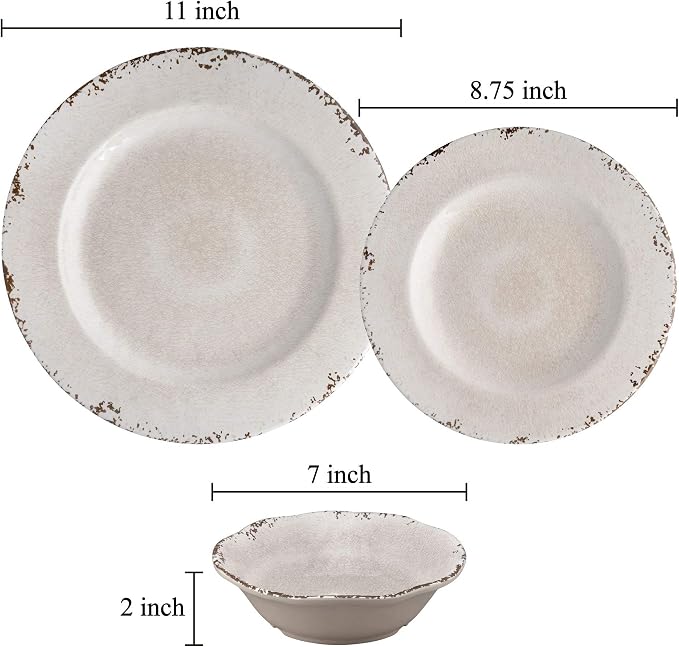 UPware 12 Piece Crackle Melamine Dinnerware Sets, Outdoor Dishes Set, Plates and Bowls Sets, Service for 4, Cream