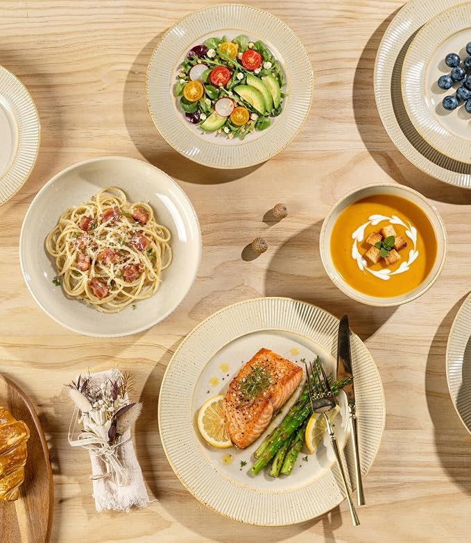 TheTerra Stoneware Dinnerware Sets for 4, 12 Pieces Ceramic Plates and Bowls Sets, Scratch Resistant Embossed Dish Set, Oven, Microwave & Dishwasher Safe, Cream Latte