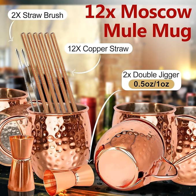 LINALL Moscow Mule Copper Mugs- Set of 12 Copper Plated Stainless Steel Mug 18oz, for Chilled Drinks (12 pcs)