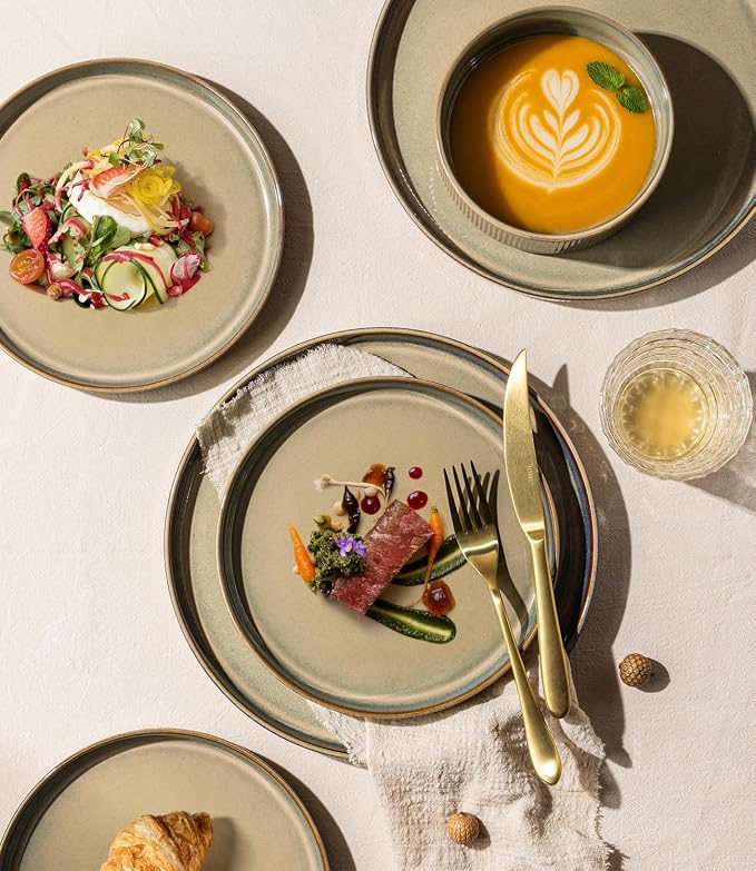 GBHOME Stoneware Dinnerware Sets for 4, 12 Pieces Lightweight Ceramic Ribbed Plates and Bowls Set, Reactive Glaze Stackable Plate Sets, Scratch Resistant Dishes, Microwave & Dishwasher Safe,Pale Khaki