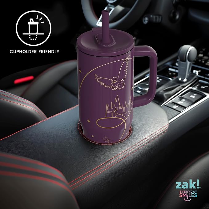 Zak Designs Harry Potter Sutton Travel Tumbler for On the Go, 30oz Stainless Steel with Vacuum Insulation, Silicone Straw, and Carry Handle for Cold Drinks (Hogwarts)