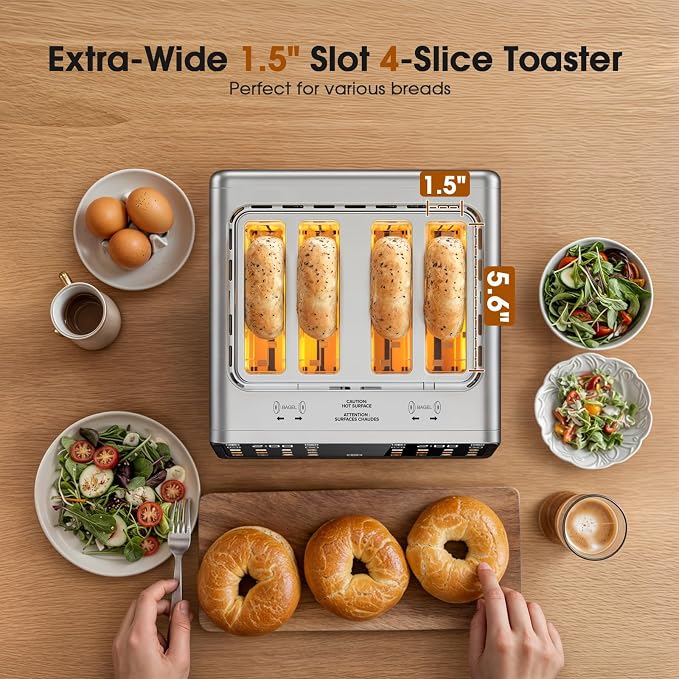 Smart Toaster 4 Slice with Dual Touchscreen & Independent Controls, 1800W Stainless Steel, Wide Slots for 6 Bread Types & Toast Settings,Single-Slice Modes, Defrost, Reheat
