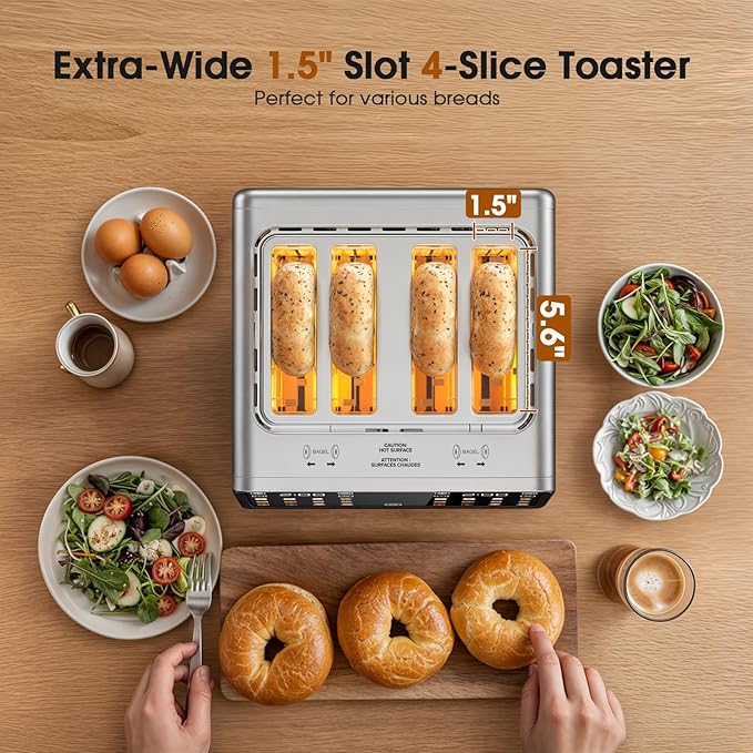 Touch Screen Toaster 4 Slice, DualZone Control, 6 Browning Levels & Toast Types,Single-Slice Mode, Stainless Steel, Removable Crumb Tray