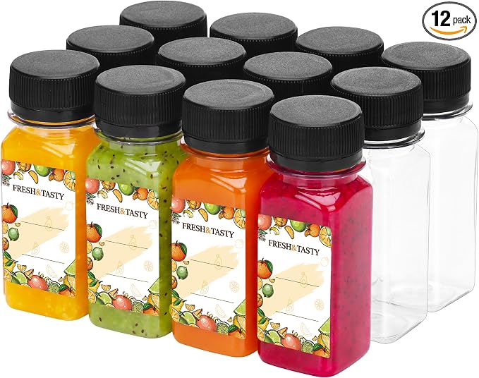 TOMNK 12pcs 2oz Plastic Shot Juice Bottles with Caps, Reusable Clear Bulk Beverage Containers for Ginger Shot, Juice, Milk and Other Beverages