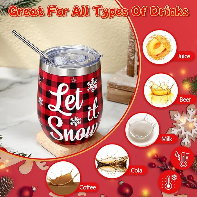Ziliny 6 Pieces Christmas Wine Tumbler 12 oz Xmas Insulated Stainless Steel Wine Cups with Lid and Straw Funny Coffee Mugs with Brush for Holiday Wedding Party Gifts(Plaid Style)