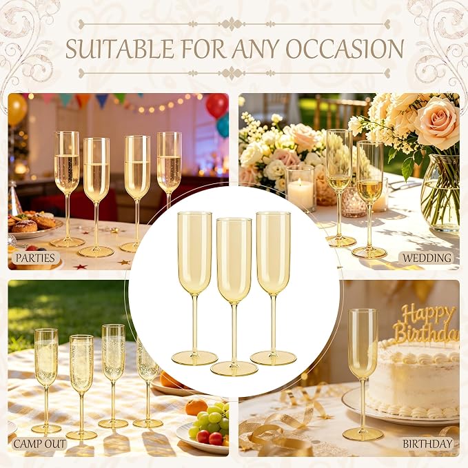 Plastic Champagne Flutes Set, 6oz Unbreakable Champagne Glasses Bulk, Shatterproof Reusable Mimosa Prosecco Sparkling Wine Cups for Wedding Party (Gold, 24pcs)