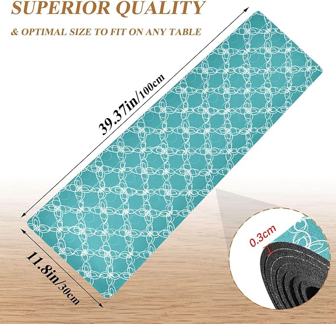 2 in 1 Table Runner Trivet for Hot Pots and Pans Heat Resistant Non Slip Waterproof 39 x 12 Inch Decorative Table Protector for Kitchen Countertop Teal Geometric Latticework
