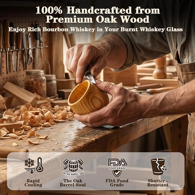 Bonteck Charred Wooden Bourbon Drinking Glass | Bourbon Gifts for Men | Large Old Fashioned Glass | 14 oz Wooden Whiskey Tumbler | Birthday Whiskey Gifts for Men, Dad or Brother (2 Pack)