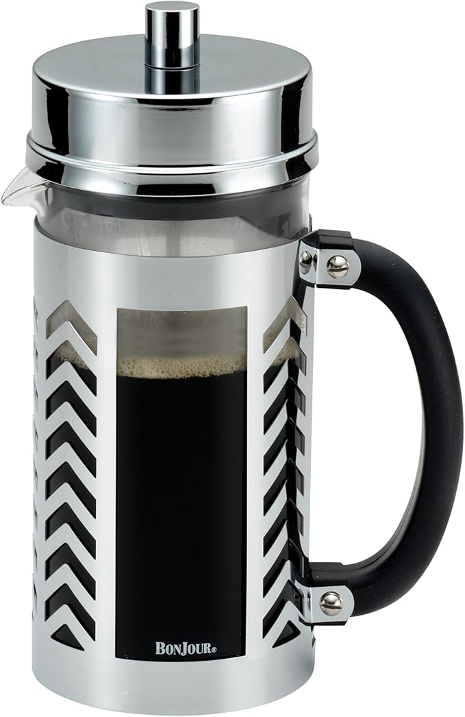BonJour Coffee Glass and Stainless Steel French Press, 33.8-Ounce, Chevron