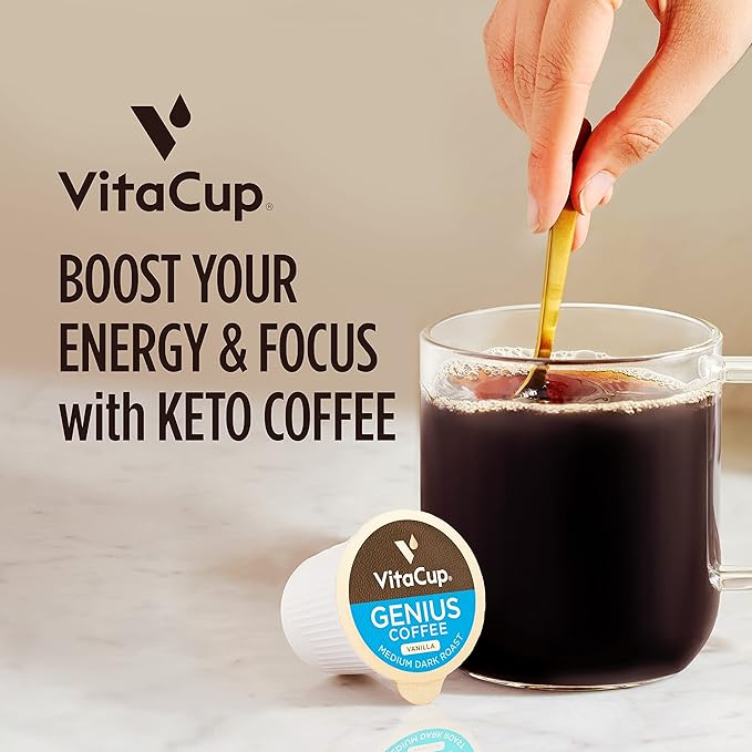 VitaCup Genius Vanilla Keto Coffee Pods w/MCT Oil, Turmeric, B Vitamins, & D3 for Energy & Focus in Single Serve Pod Compatible with K-Cup Brewers Including Keurig 2.0, 64 CT