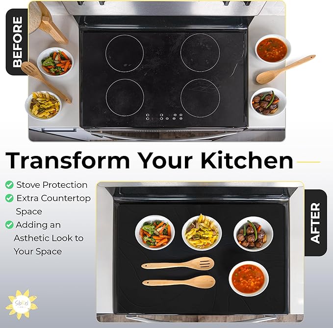 Stove Top Covers for Electric Stove - Silicone Stove Mat for Glass Top Stove - 28"x20" Stove Top Protector, Heat Resistant (450°F), XL Dish Drying Mat, Stove Cover – Black