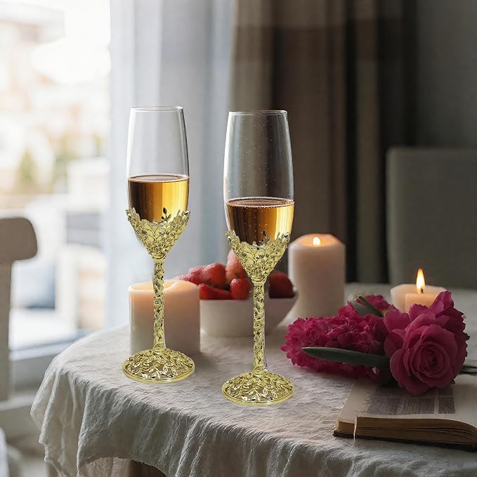 Gold Champagne Flutes -His and Hers,Wedding Toasting Glasses for Wedding,Engagement Celebrations, Bridal Shower and Registry Idea,Wine Glasses for Bride and Groom Gifts,7oz (Light Glod)