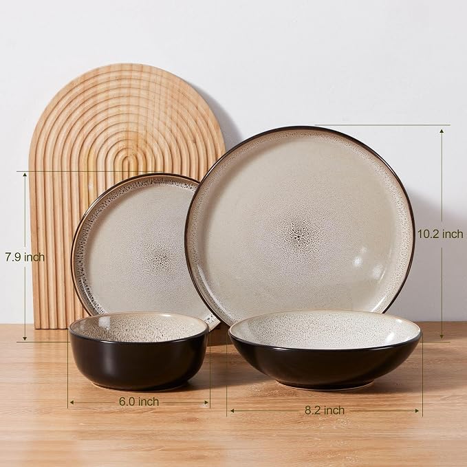 LIANYU 16 Piece Dinnerware Sets with Double Bowls for 4, Modern Ceramic Plates and Bowls Set, Kitchen Round Dinning Ware Dishware Set, Microwave and Dishwasher Safe, Tidal Khaki