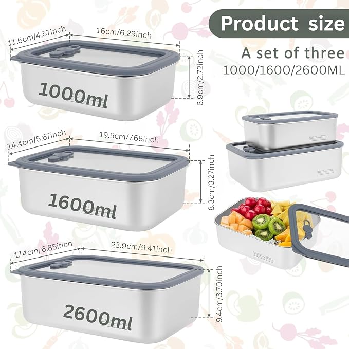 Stainless Steel Food Storage Containers-3Pcs Leakproof, Airtight Stainless-Steel Bowls with Lids, Freezer/Dishwasher/Microwave Safe Containers, Durable & Stackable Stainless Steel Containers with Lids