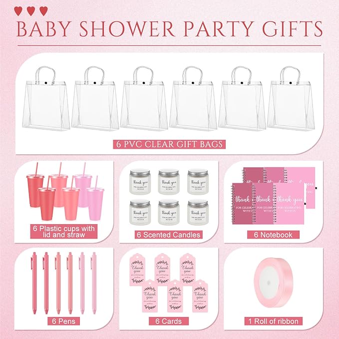 Nuogo 6 Sets New Parent Shower Prizes for Player Winners Adult, Wedding Bridal Shower Gift, Plastic Tumbler Notebook Scented Candle Ballpoint Pen Bag (Gradient Pink,Classic Style)
