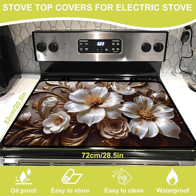 Glass stove top cover 28"x 20", Stove Top Covers for Electric Stove, Flat Range Mat for Glass Cooktop, Kitchen Heat-Resistant Protector Non-Slip Drying Mat (Golden Flowers)