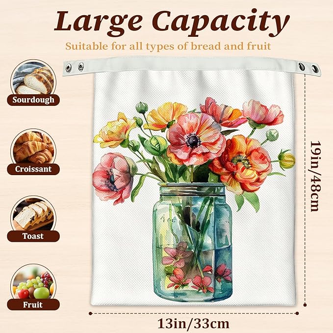 Bread Bags for Homemade Bread, Flowers in Jar 2 Pack Linen and Beeswax Sourdough Storage Bags, Reusable Keeper, Keeps Breads Fresh Longer, Gifts for Bakers