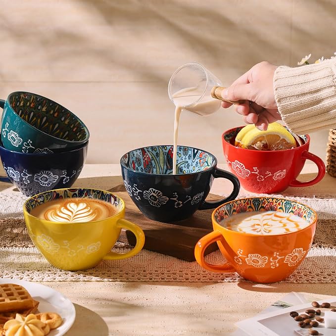 Large Coffee Mug, 15 oz Boho Coffee Mug Ceramic with Handle, Porcelain Tea Cup, Coffee Cup for Cappuccino and Latte, Microwave & Dishwasher Safe, Ideal Gift for Family/Friend (Green)