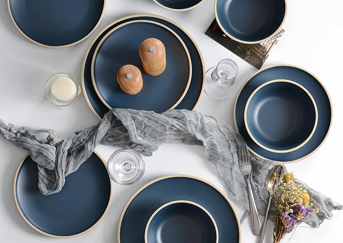Melamine Dinnerware Sets for 4, Plates and Bowls Sets 12 Pcs, Melamine Plates, Nautical Dinnerware Sets, Modern Style,Dishwasher Safe, BPA Free, Suitable Indoor and Outdoor Use (Deep Blue)