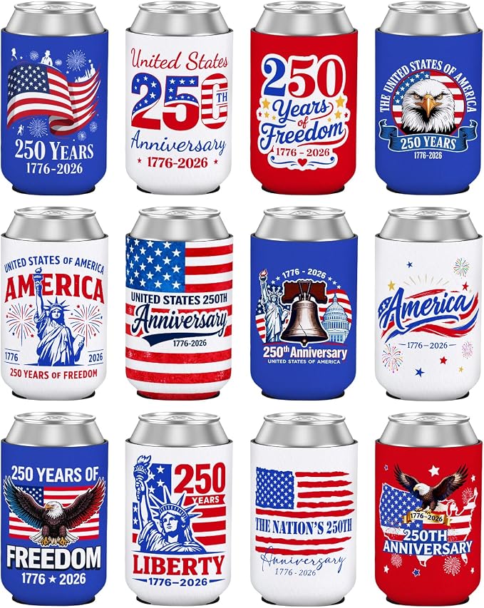 4th of July 250th Anniversary Can Cooler Sleeves 12 Pack American Patriotic Insulated Neoprene Drink Holder for Memorial Day Fourth of July Accessories Party Favors