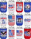 4th of July 250th Anniversary Can Cooler Sleeves 12 Pack American Patriotic Insulated Neoprene Drink Holder for Memorial Day Fourth of July Accessories Party Favors