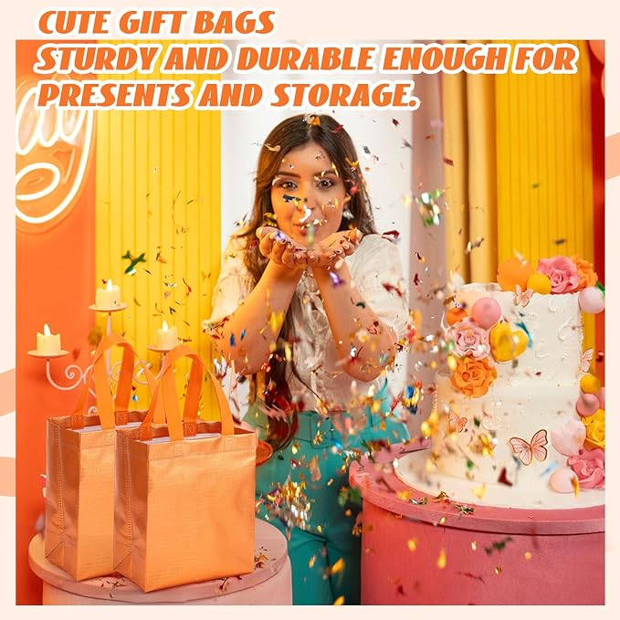Eccliy Reusable Gift Bags Set Glossy Grocery Gift Tote Bag with Handle for Wedding, Bridal Shower, 4th of July, Summer Event(10 x 8 x 4.7 Inch,Orange,80 Pcs)