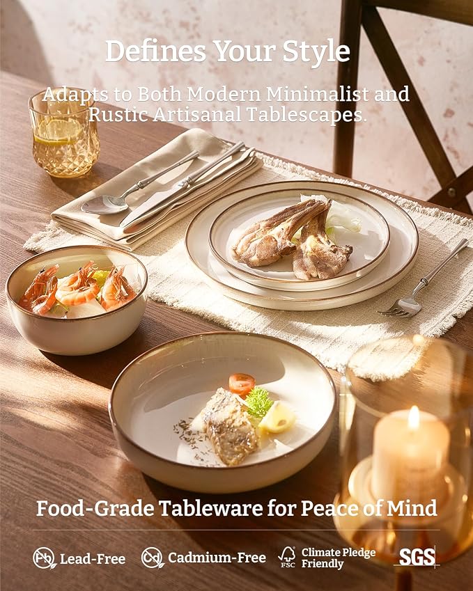 Famiware Milkyway Stoneware Dinnerware Set, 16-Piece, Including Pasta Bowl, Double Reactive Glaze, Plates and Bowls, Service for 4, Microwave and Dishwasher Safe, Scratch-Resistant, Light khaki