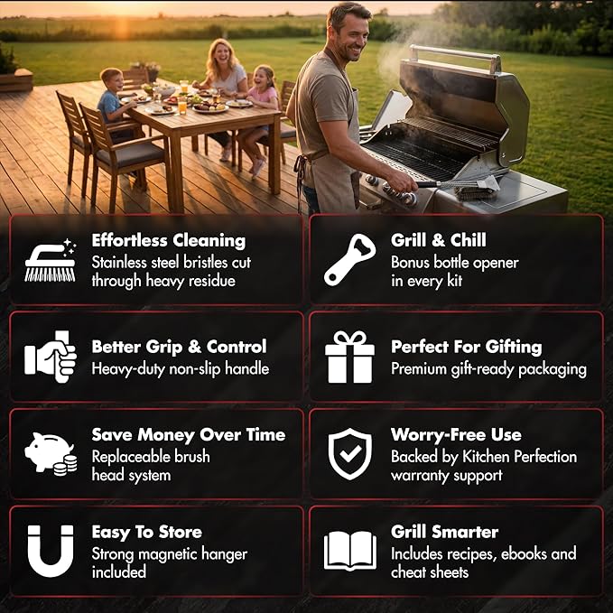 KITCHEN PERFECTION Nylon GrillSaver - Safe BBQ Grill Brush with Replaceable Cleaning Head -Heavy-Duty Grill Cleaner w/Scraper for Porcelain & Ceramic Grates, Includes Magnetic Hanger & Bottle Opener