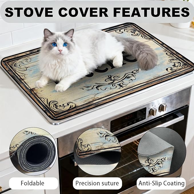 Stove Top Cover for Electric Stove, Vintage Farmhouse Style Glass Cooktop Protector, Multi-functional Kitchen Counter & Washer Top Cover