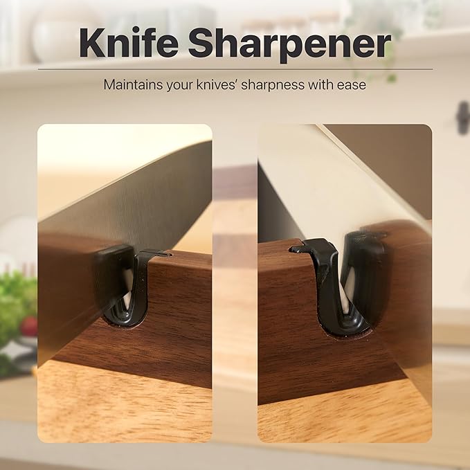 BRENZAA Magnetic Knife Block with Built-in Sharpener, 14 inch Double Sided Wood Knife Holder for Countertop, Universal Knife Stand without Knives (Rubberwood and Walnut Decor)