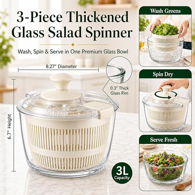 Good Girps 3.2 Qt Glass Salad Spinner Small Vegetable Dryer with Drain Microwave Safe Dishwasher Safe with Transparent Lid Crank Handle Quick Spin Greens Washer for Lettuce Herbs Fruits White
