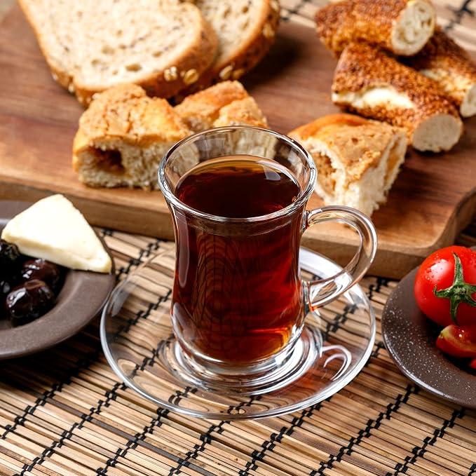 Volarium 4.9 oz (145 cc) Small Turkish Tea Set, 12 Piece Modern Turkish Tea Glasses & Saucers Set, 6 PCs Clear Glass Tea Cups with Handle and 6PCs Glass Saucers