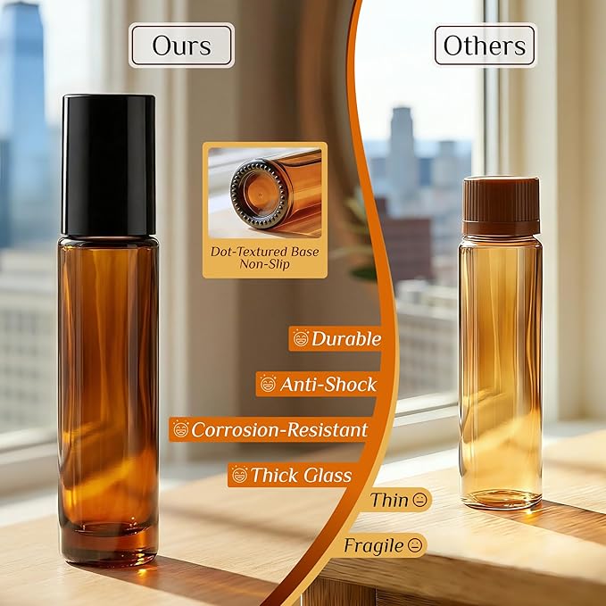 PrettyCare Set of 120, Bulk 10 ml Essential Oil Roller Bottles with Stainless Steel Roller Ball - Refillable Leak-proof Empty Thick Amber Glass Roll on Bottles with Black Caps for Travel, Perfume