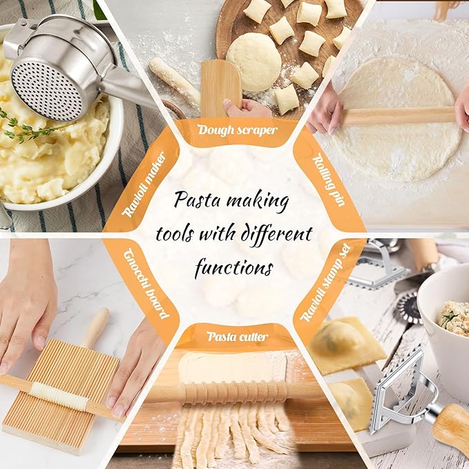 Tioncy 9 Pcs Pasta Making Tools Set Include Wooden Gnocchi Board Potato Ricer Wooden Gnocchi Cutter Ravioli Rolling Pin Pasta Roller Dough Scraper 3 Ravioli Stamp for Kitchen Handmade Gift