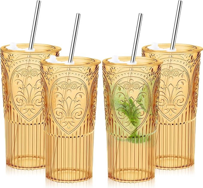 4 Set 20oz Vintage Plastic Tumbler with Lids and Straws Ribbed Floral Drinking Glasses Reusable Iced Coffee Cups for Water Juice Smoothie Cocktail Travel Party Events Gift (Amber)