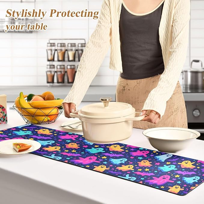2 in 1 Table Runner Trivet for Hot Pots and Pans Heat Resistant Non Slip Waterproof 39 x 12 Inch Decorative Table Protector for Kitchen Countertop Neon Halloween Ghosts Stars Bats