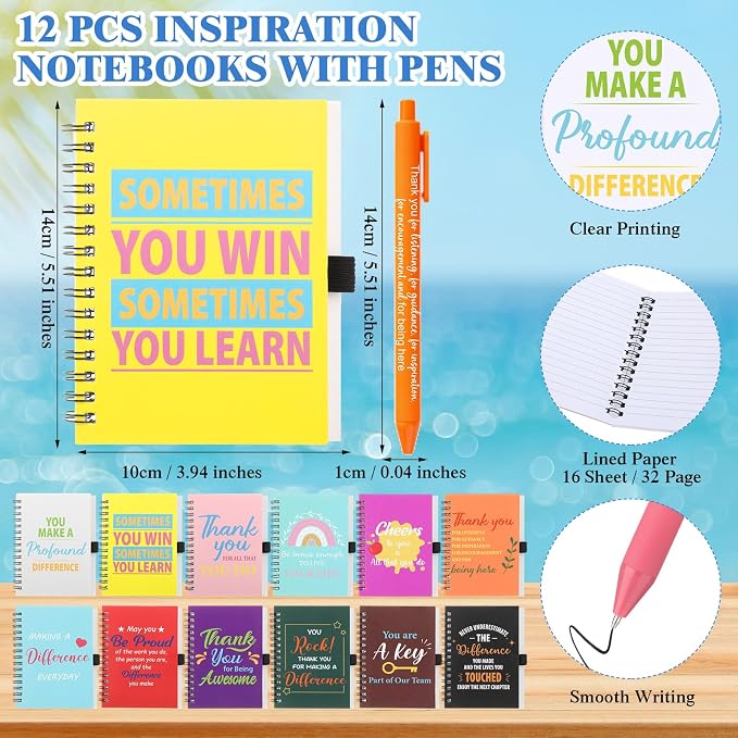 Skylety 12 Set Teachers Appreciation Gifts Bulk Thank You Tumblers with Lid Inspirational Spiral Notebooks Sticky Note Pens for Back to School Female Staff Coworker