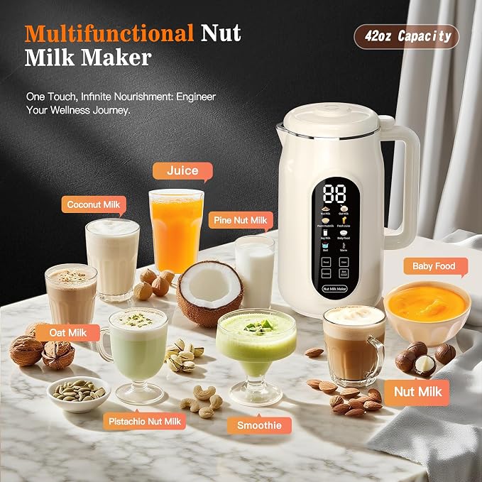 10 in 1 Nut Milk Maker Machine, 42oz IMD Screen Almond Milk Maker, Soy Milk Maker with Self-Cleaning, Delay Start, Keep Warm, Boil Water, Automatic Plant-Based Milk Blender for Soybean, Oat, Coconut
