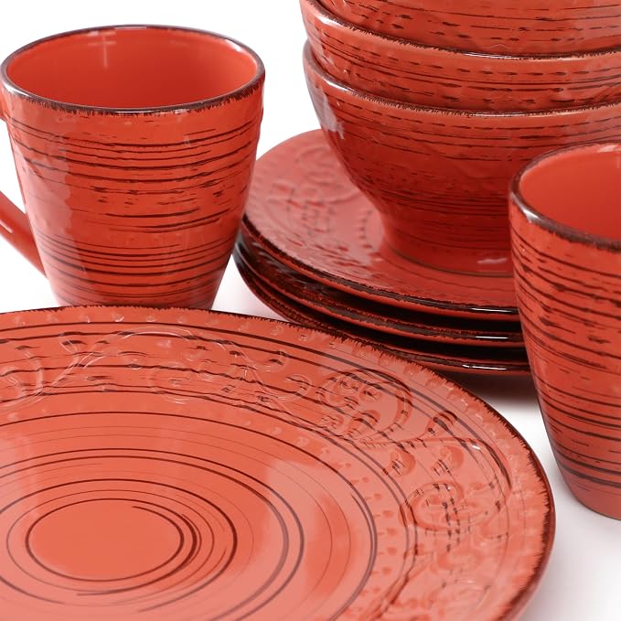 Elama Malibu Jasper 16-Piece Stoneware Embossed Pattern Reactive Glaze Orange Dinnerware Set, Tableware, Serveware Set (Jasper Orange)