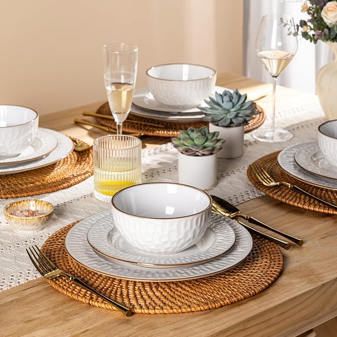 GBHOME Ceramic Dinnerware Sets,12 pcs Embossed Elegant Stoneware Plates and Bowls Sets, Housewarming Wedding Gift | Dishwasher & Microwave Safe | Dishes Set Service for 6