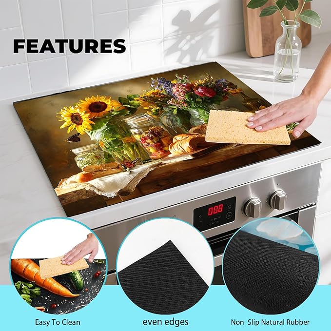 Stove Top Cover for Electric Stove 28.3×20.5 inches, Sunflower Kitchen Stove Cover Board, Heat Resistant Stove Top Protector with Food Still Life (warm yellow)
