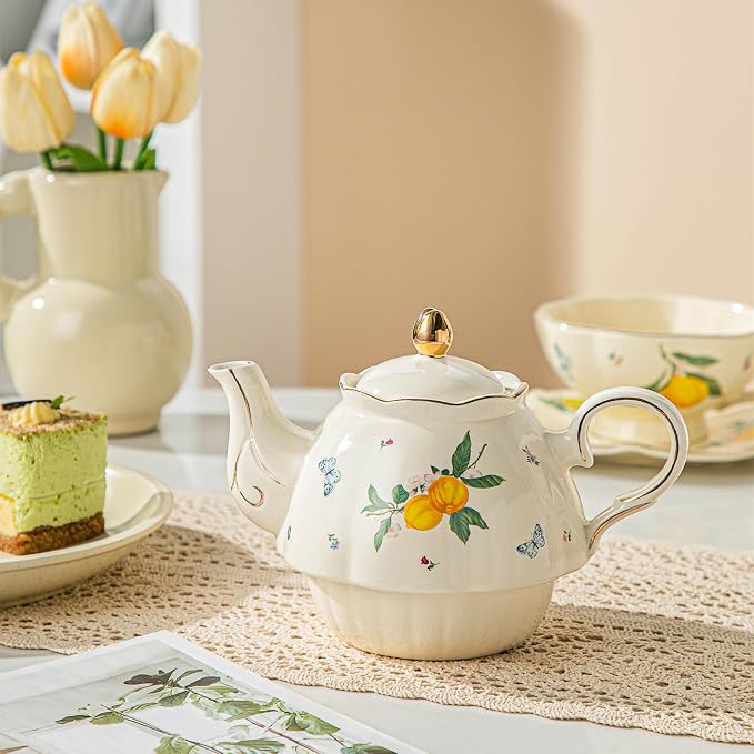 Domini Teapot cup combo,Teapot and Teacup for One,Tea Cup and Saucer Set-Tea Pot Set Gift for Women(Lemon)