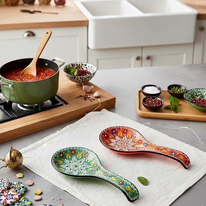 BCS Spoon Rest Set of 2 - Ceramic Spoon Holder for Stovetop & Kitchen Counter - Dishwasher Safe Handmade Kitchen Utensil (Green-Orange 4.5” W x 9" L)