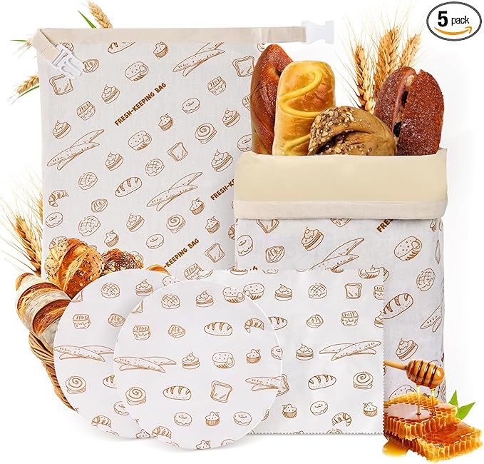 5PCS Beeswax Bread Bags with Zipper Seal, Reusable Beeswax Wrap, Plastic-Free Food Storage Wrap, 2 Sourdough Natural Beeswax Bread Storage Bag, 1 Wrap, 2 Bowl Cover