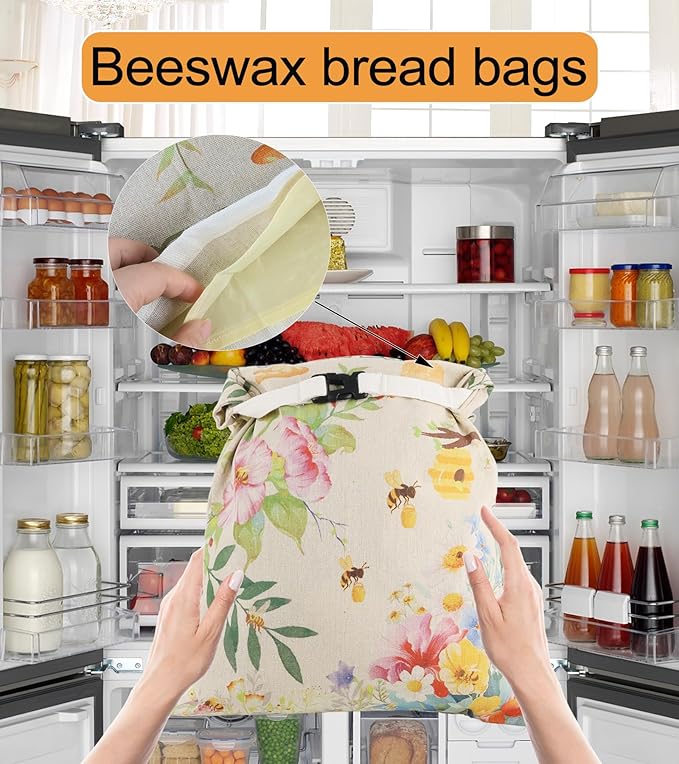 2Pack Beeswax Bread Bags for Sourdough and Homemade, Reusable Organic Linen Beeswax Bread Bag Eco-Friendly Fresh Food Storage, Moisture Lock– Freezer-Friendly-Includes A Replaceable Beeswax Liner
