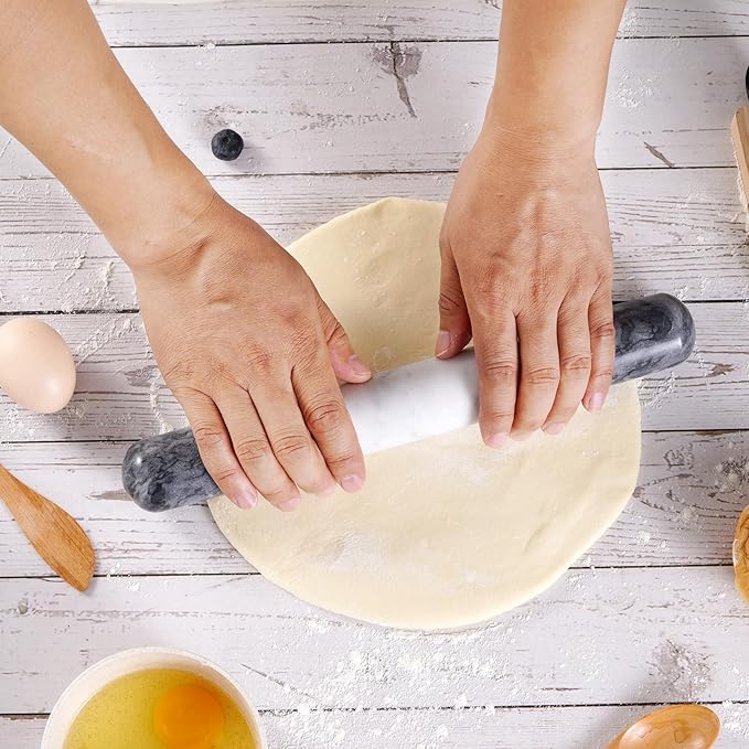 Tianman French Marble Rolling Pin.12 Inchs Marble Rolling Pin for Baking With Wooden Base Holder Stand-Non-Stick Baking Roller for Baking Fondant, Pizza,Cookies,Crust,Pasta(Black-White-Blakc)